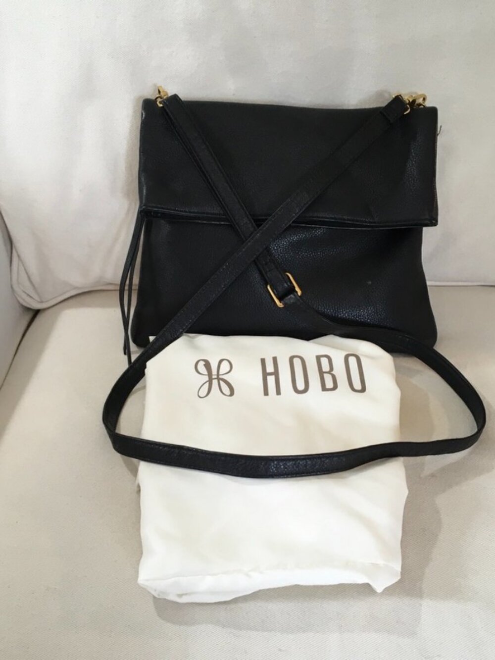 HOBO Fold Over Black Pebbled Leather Crossbody & Dustbag